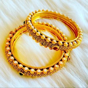 Yellow Gold Pearl Set Of 2 Kada Bangle